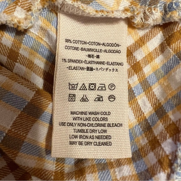 Free People Tan/Blue Plaid Back Button Up Puff Sleeve Blouse Sz S - Picture 10 of 15
